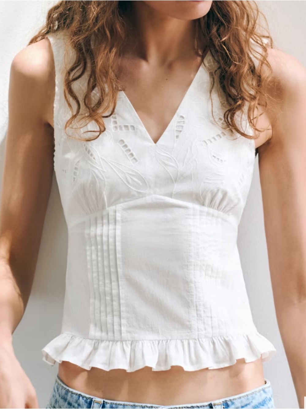 Mango White Embroidered V-Neck Ruffled Camisole FLORAL EMBROIDERED COTTON TOP